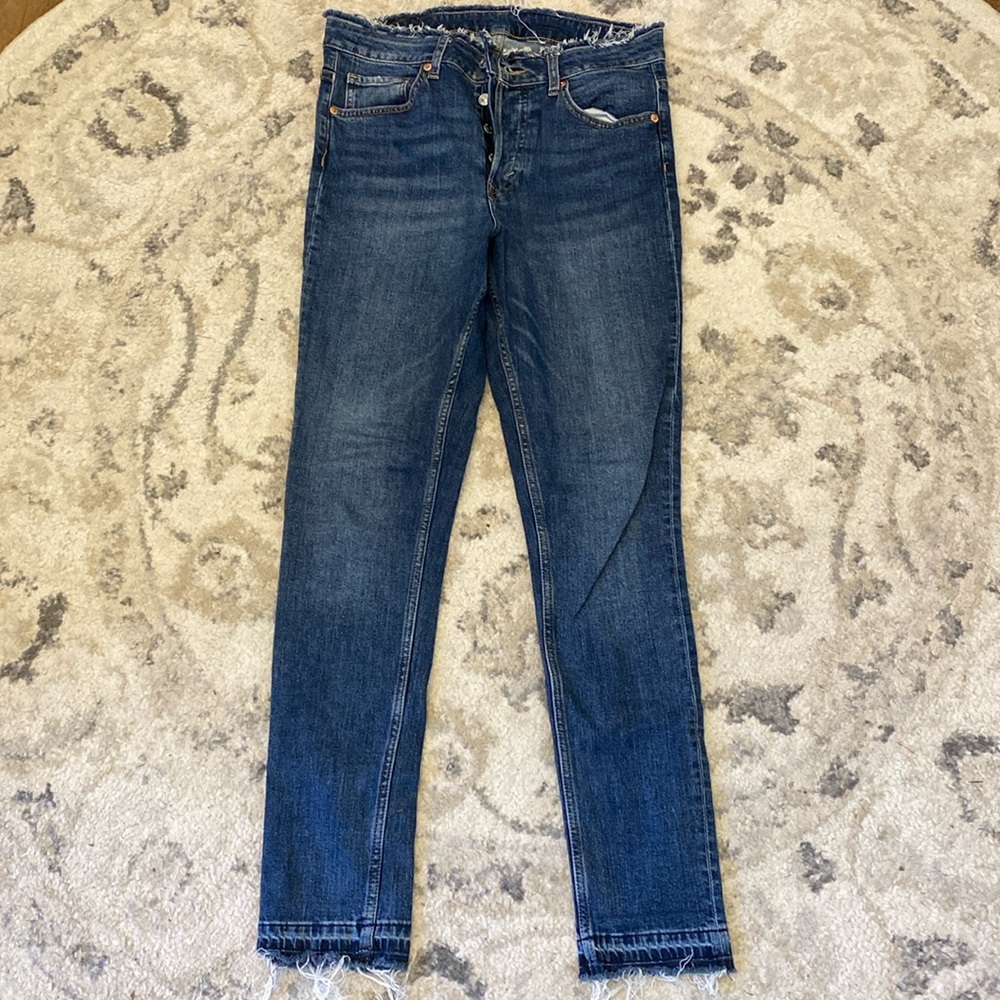 H&M Frayed Raw Hem Waist High Waisted Skinny Ankle Dark Wash Denim Jeans size 8